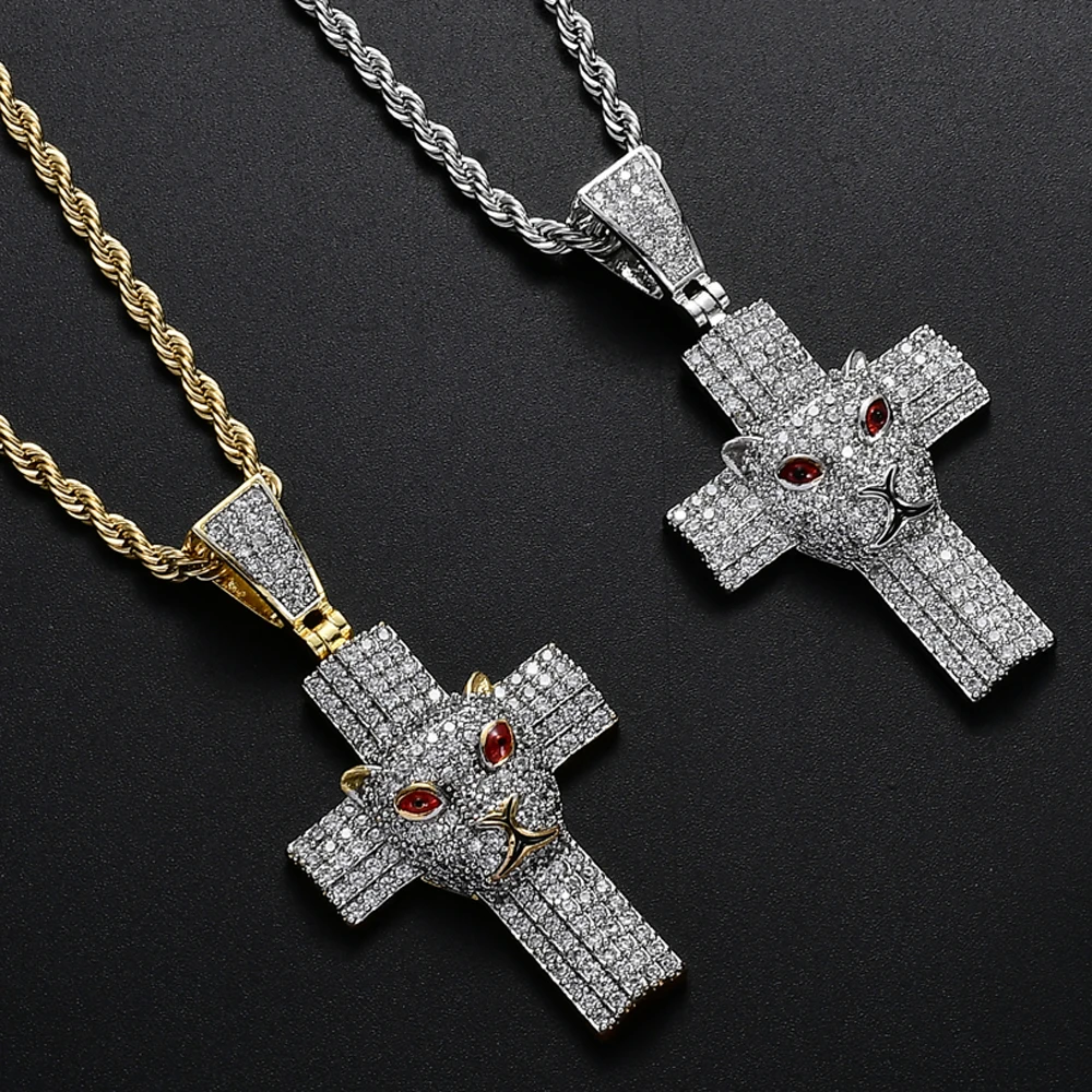 

1 Fashion Bling Iced Out Brass CZ Leopard Cross Pendant Hip Hop Neckalce Gold Collier Bijoux Gift for Women Man Choker Jewelry
