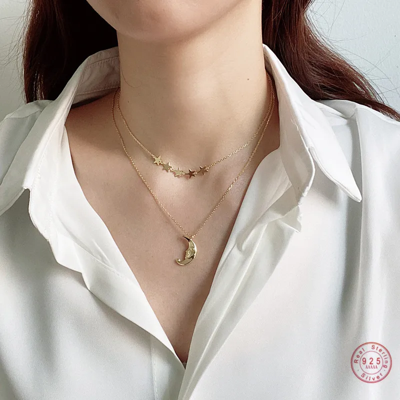 

925 Sterling Silver European Vintage Star Moon Pendant Double Necklace Women Romantic Sweet Lucky Jewelry Accessory