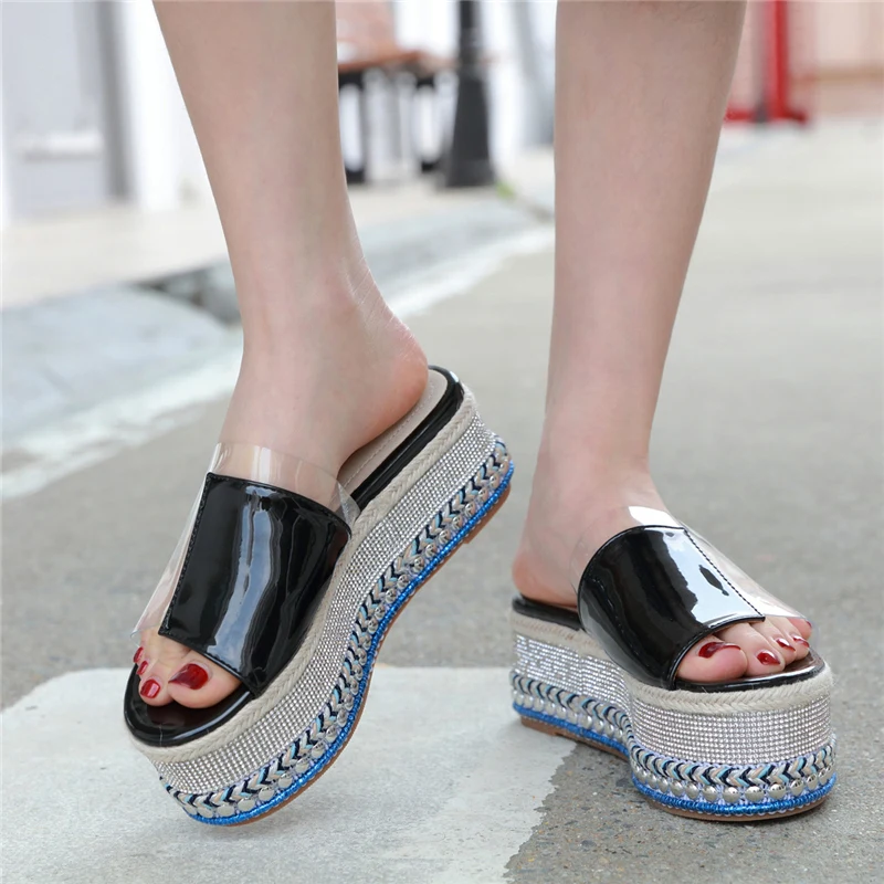 Новинка 2020 года женские босоножки на танкетке с кристаллами высоком каблуке 6 5 см