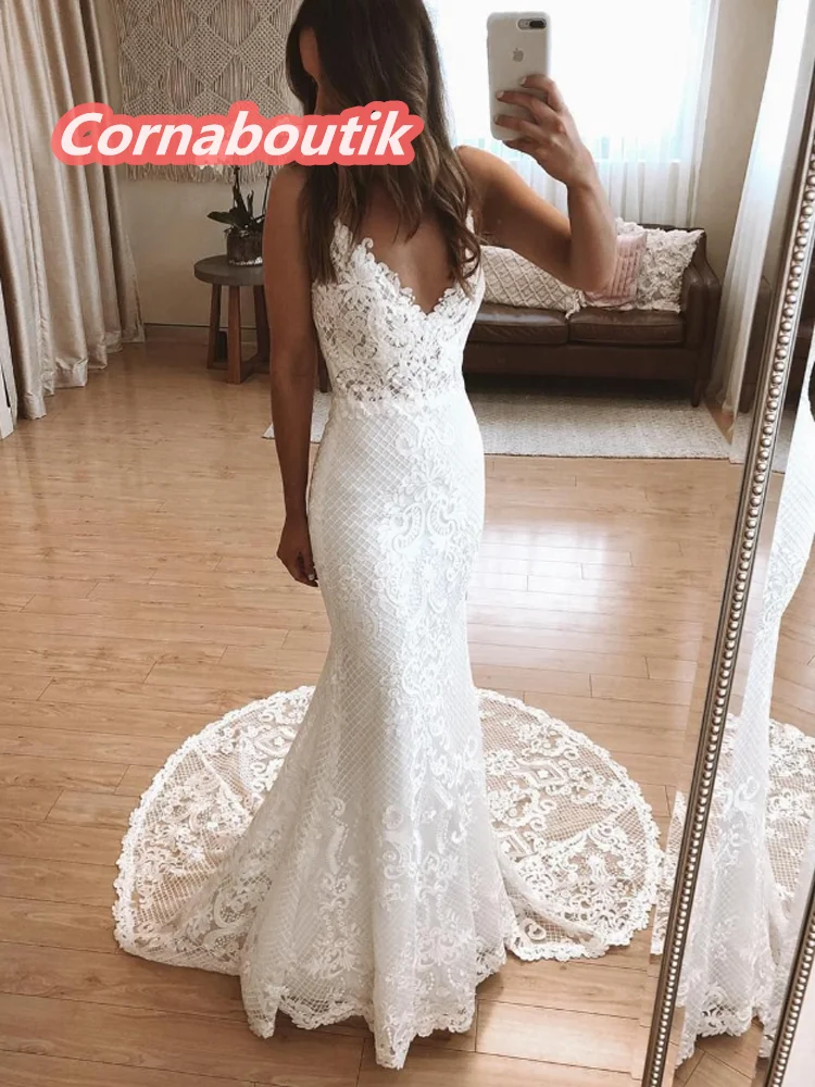 

New Style Vestido De Noiva Sirena Lace V Neck Spaghetti Straps Bridal Gowns COR-106 Robe Mariage Wedding Dresses