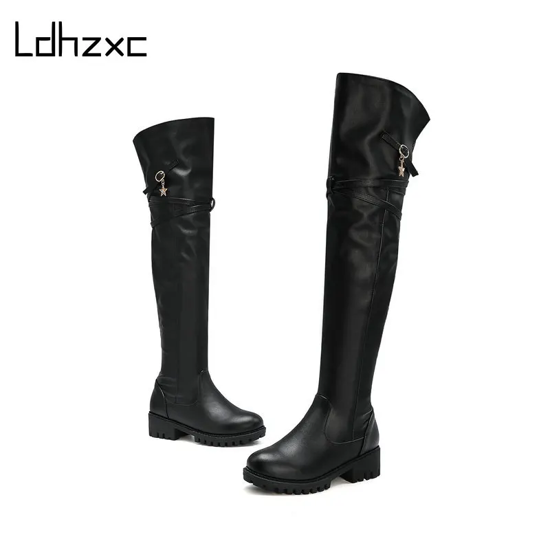 Сапоги женские зимние из искусственной кожи, на квадратном каблуке, на молнии, с круглым носком, Size34-43