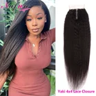 Кудрявые прямые человеческие волосы, кружевная застежка, только отбеленные узлы, предварительно выщипанные малазийские волосы 4x4, кружевная застежка, прямая кружевная застежка Yaki