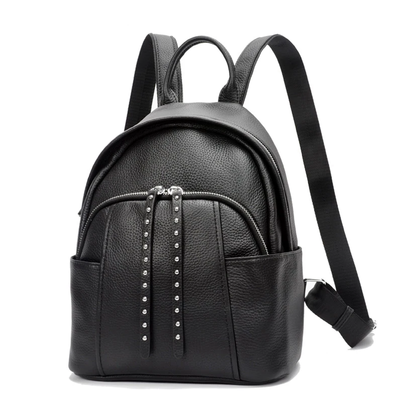 Женский рюкзак с заклепками черный из 100% натуральной кожи Большая вместительная