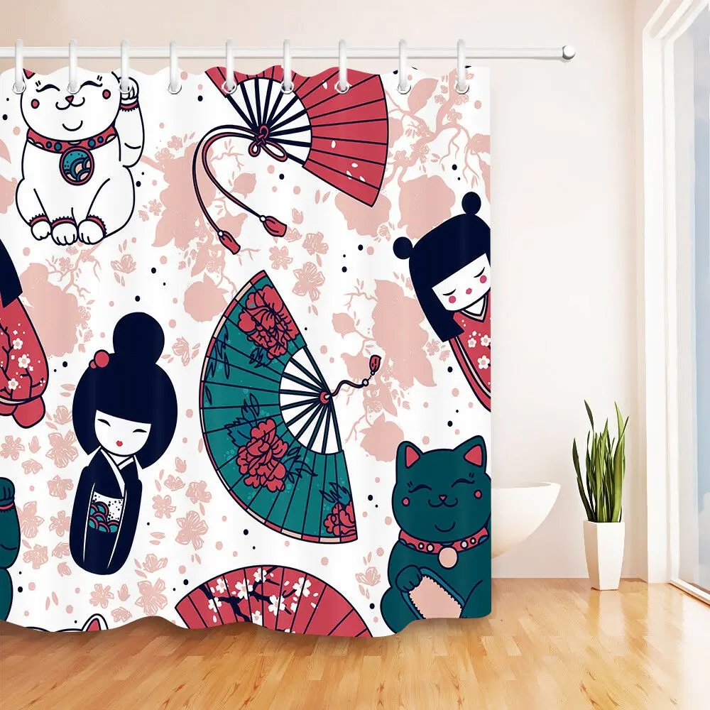 

Traditional Japanese Style Souvenir Shower Curtain Set Bathroom Polyester Fabric