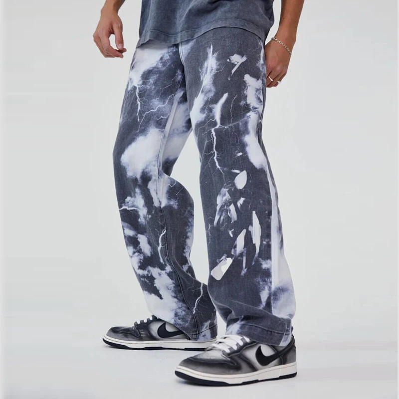 Blue Tie-dyed Men Jeans Denim Pants Straight Leg fitted baggy Jeans Washed soft Comfort Chino Trousers Hip-hop Streetwear 2021