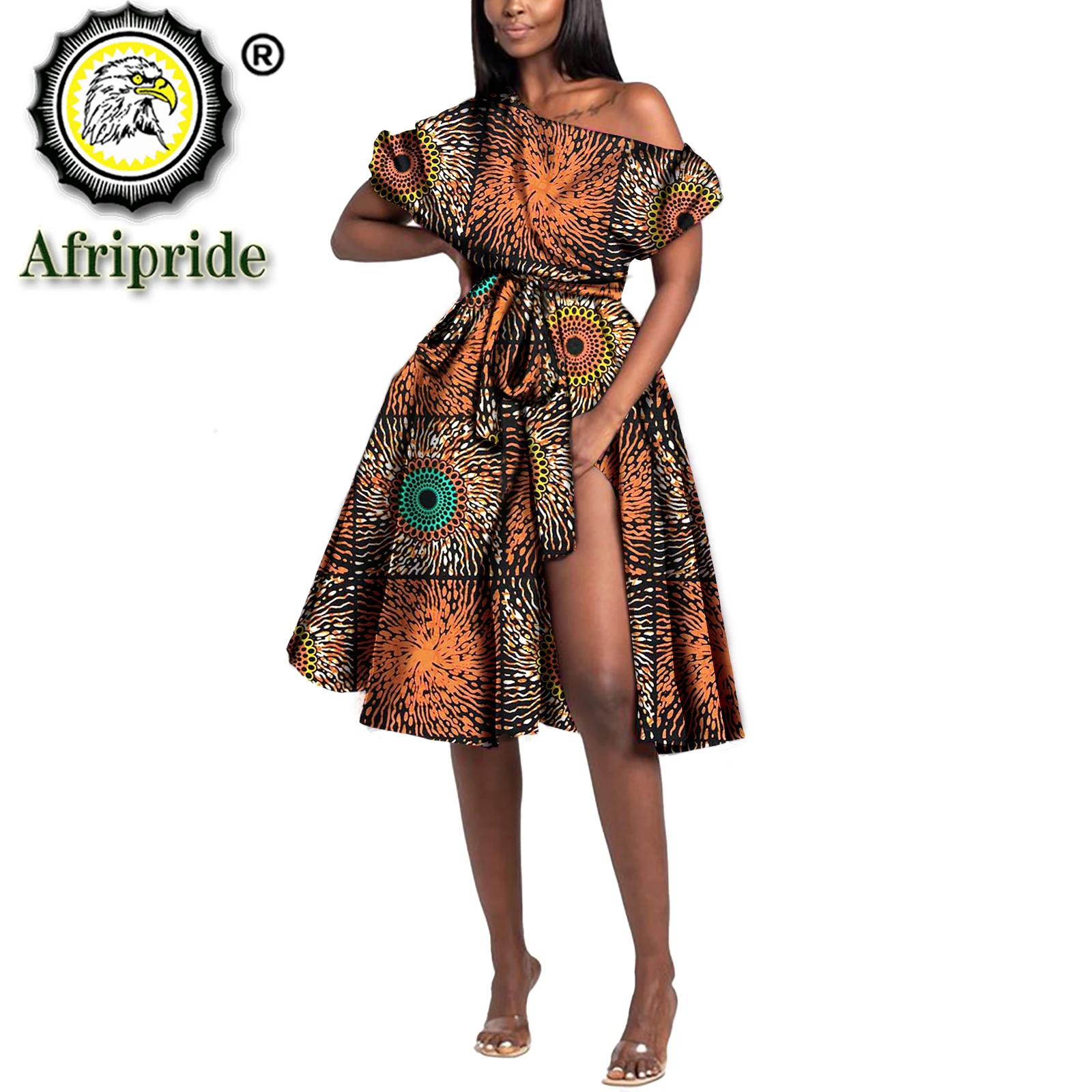 

African Dresses for Women Off Shoulder High Waist Plus Size Party Print Dress with Belt Elegant Bazin Riche Outfits S2125044