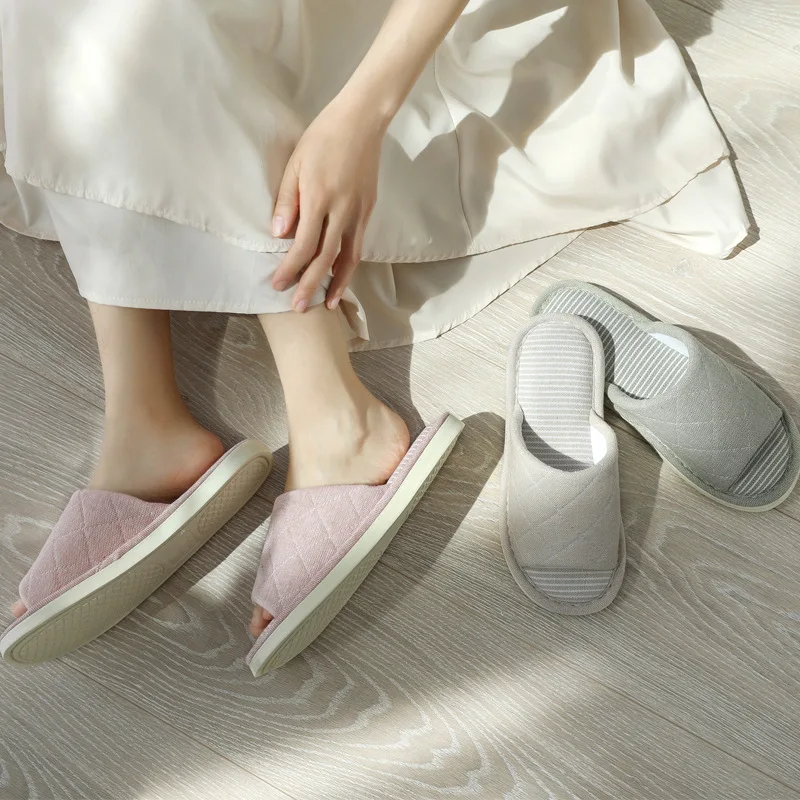 Spring Autumn Simple House Women and Men Cotton Slippers Open Toe Soft Sole Ladies Floor Flat Shoes Indoor Bedroom Ladies Slides