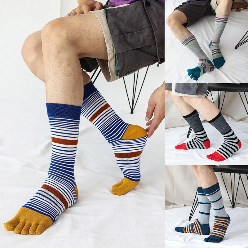 

Colorful Men Finger Socks Thicken Comfortable Five Toe Absorbs Sweat Toe Socks Mid-Calf Stripe Breathable Warm Tube Socks