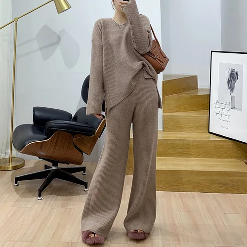 2 Women's new fashion suit solid color V-neck sweater with high waist knit wide leg pants two piece set top and pants - Цвет: 2