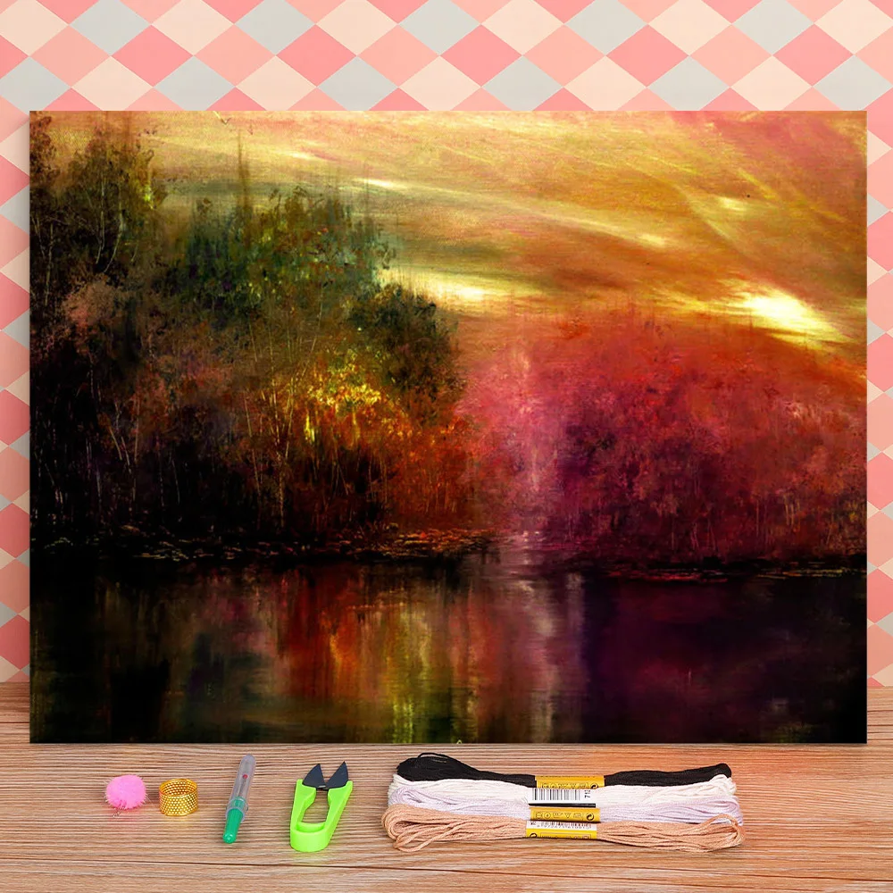 

Природный пейзаж осенние оттенки печать 11CT Вышивка крестом DIY Набор DMC нитки рукоделие