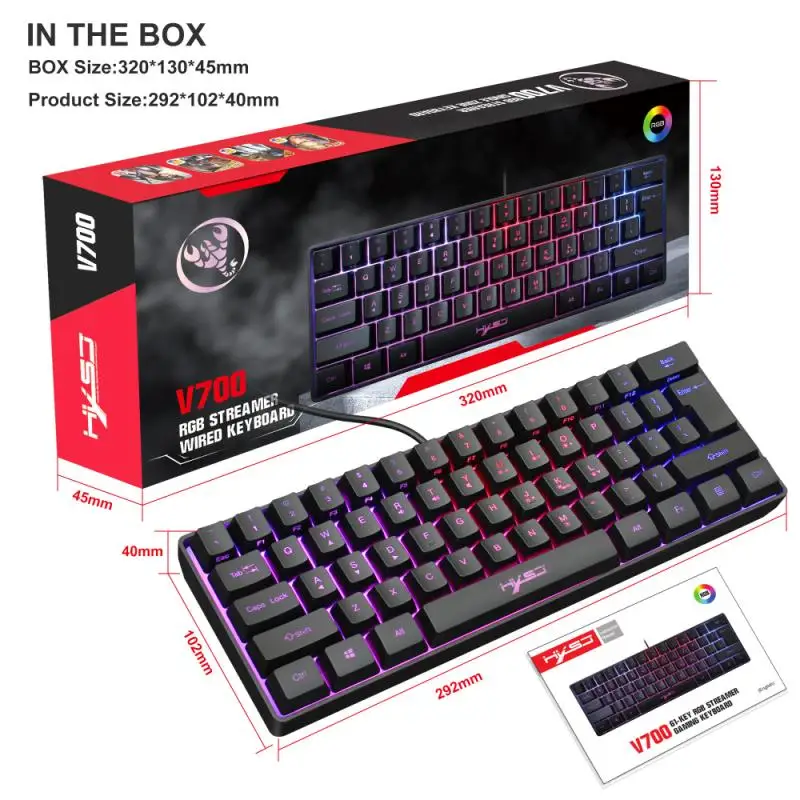 

2021 Hot Sale 61-key Gaming Keyboard Wired Gaming Keyboard RGB Backlit Ultra-Compact Small Keyboard For Desktop USB Wholesale