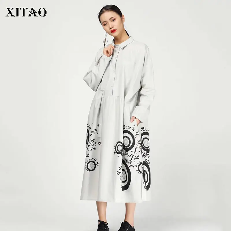 Женское свободное платье [XITAO] модное на пуговицах с длинными рукавами и отложным