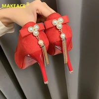 womens shoes high heels fashion pearl tassel accessories soft 43 large size fall womens banquet shoes red suede wedding shoes
