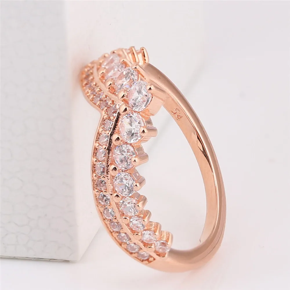 

925 Sterling Silver pan Ring Rose Gold Pincess Wishbone Ring With Crystal For Women Wedding Party Gift Fashion Jewelry
