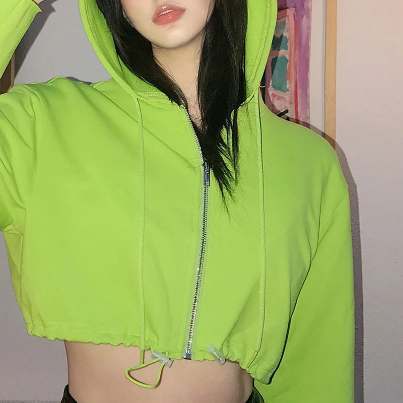 

2021 Fashion Streetwear Neon Green Sweatshirt Casual Cotton Zip Up Long Sleeve Top Solid Navel Drawstring Cropped Hooded Women