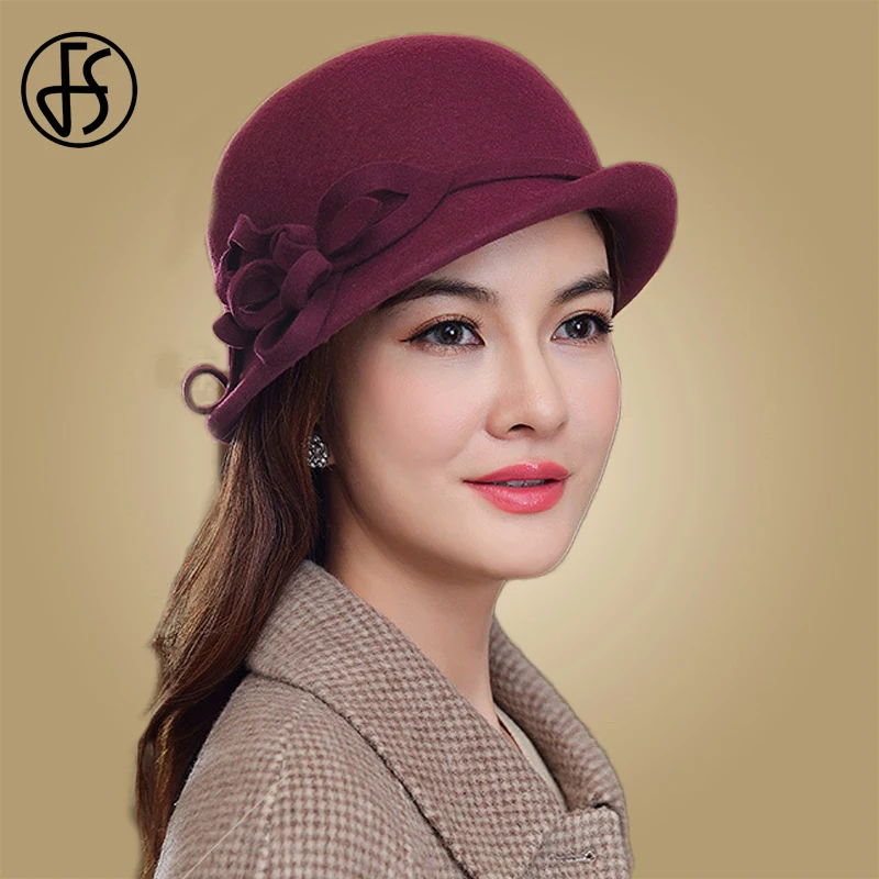 Женская винтажная фетровая шляпка FS черная шерстяная с цветочным рисунком на
