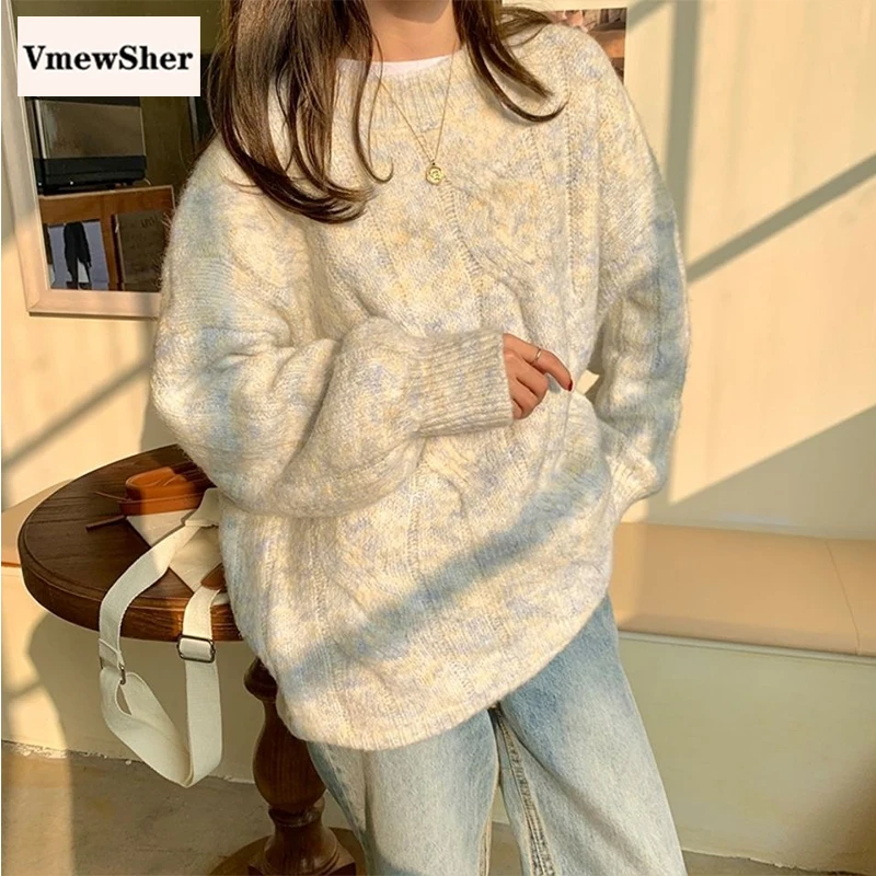 

VmewSher New Autumn Winter Women Sweater Multicolor O-neck Knit Pullover Lady Elegant Loose Oversize Knitwear Basic Jumper Top