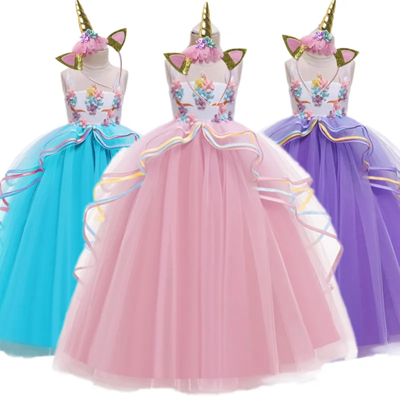 Платье для девочек длинное платье с единорогом повязка на голову детские платья