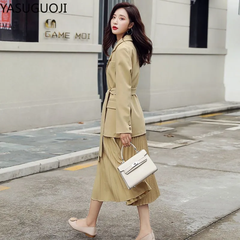 

YASUGUOJI Women Slim Fit Blazer and Pleated Skirt Two-piece Set 2021 Spring Female Elegant Elastic Waist Skirt Suits with Belt