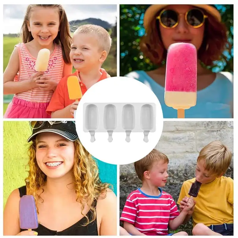 

Silicone 3D Ice Cream Mold 4-Cavity DIY Ice Pop Mold With 10PCS Popsicle Sticks Homemade Dessert Freezer Ice Cream Tools