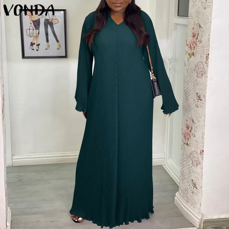 

Женское осеннее платье от VONDA, сексуальное однотонное платье свободного покроя с глубоким V-образным вырезом и длинным рукавом-фонариком, бо...