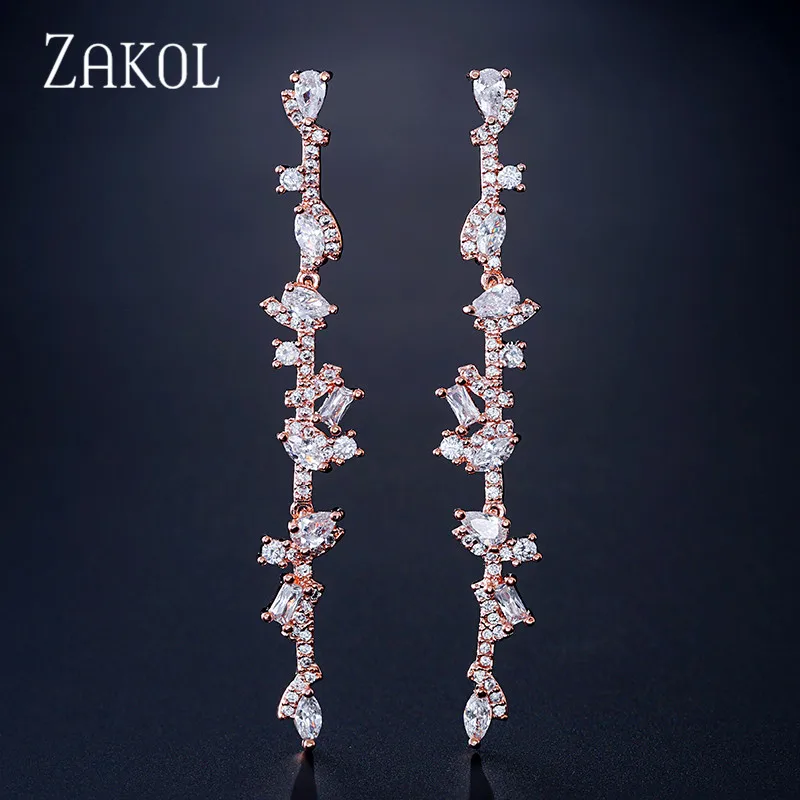 Rose Gold Color ZAKOL Popular Cubic Zirconia Long Dangle Drop Earrings for Women Fashion Leaf Bridal Wedding Party Dinner Dress Jewelry FSEP2109 - Окраска металла: Rose Gold Color