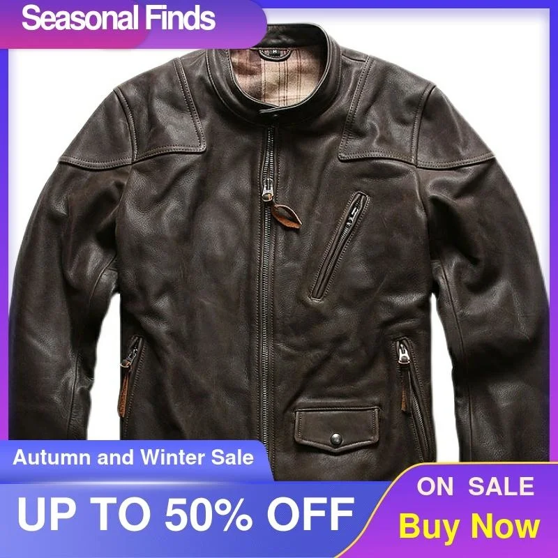 

Vintage 2021 Brown Biker Style Genuine Leather Jacket Men Plus Size 3XL Real Natural Cowhide Autumn Slim Fit Motorcycle Coat