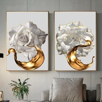 nordic art plant canvas painting white rose flower golden ink splash abstract poster modern wall picture for living room decor