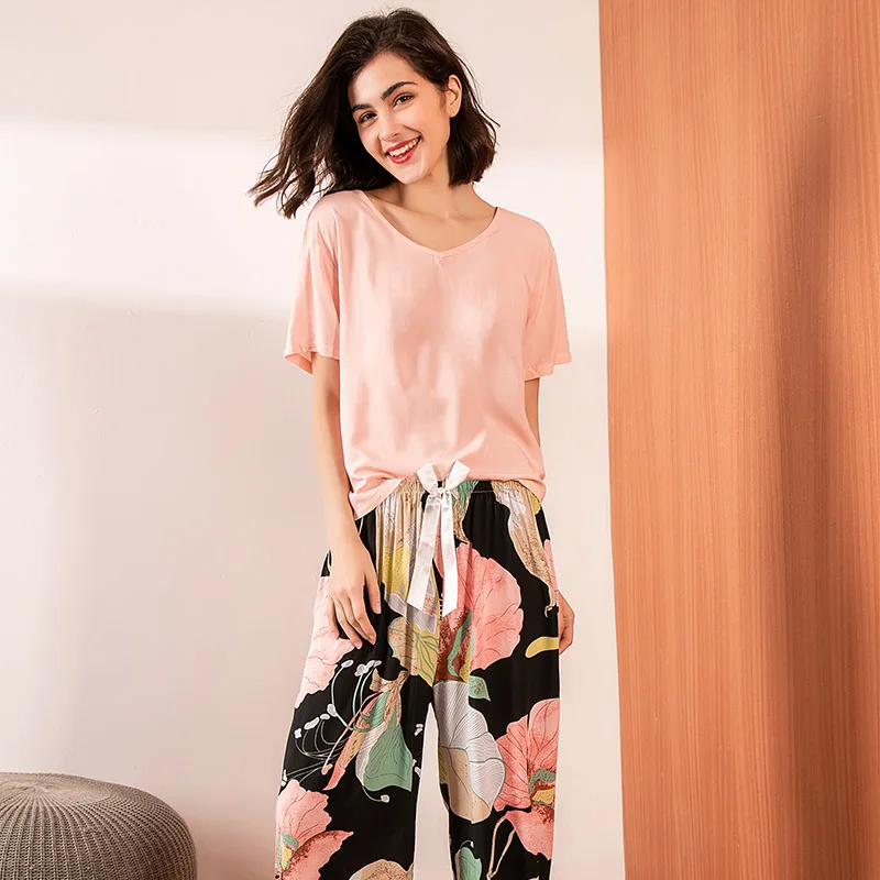 Пижама женская атласная с круглым вырезом простой стильный комплект из хлопка