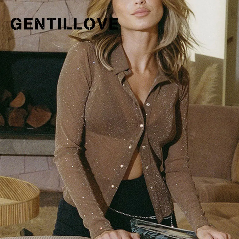 

Gentillove Повседневные вязаные топы, элегантные Серебристые блестящие кардиганы, офисные женские облегающие блузки, женская сексуальная прозр...