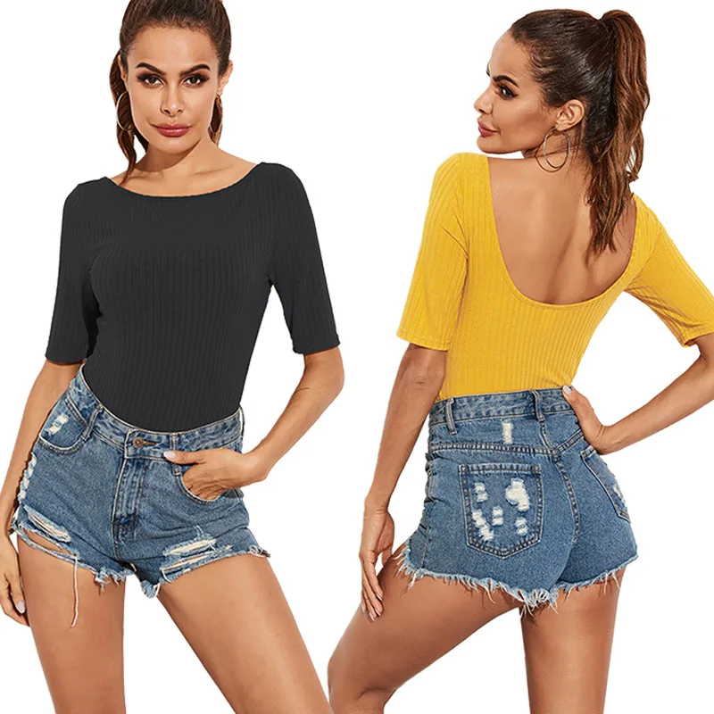 Женский облегающий трикотажный комбинезон с открытой спиной эластичный круглым