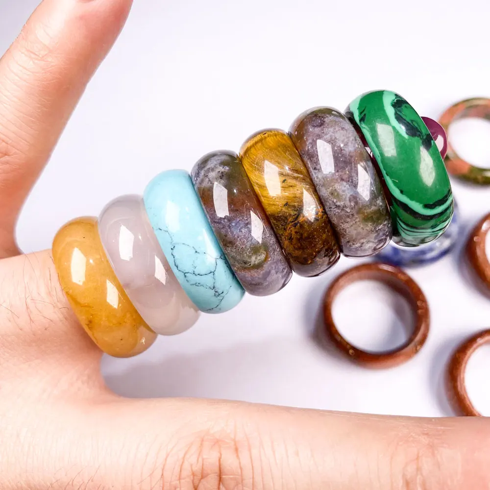 

High-Quality Round Ring Natural Semi-Precious Stone Agate Turquoise Unakite Rings for Elegant Ms Romantic Love Jewelry Gift 8mm