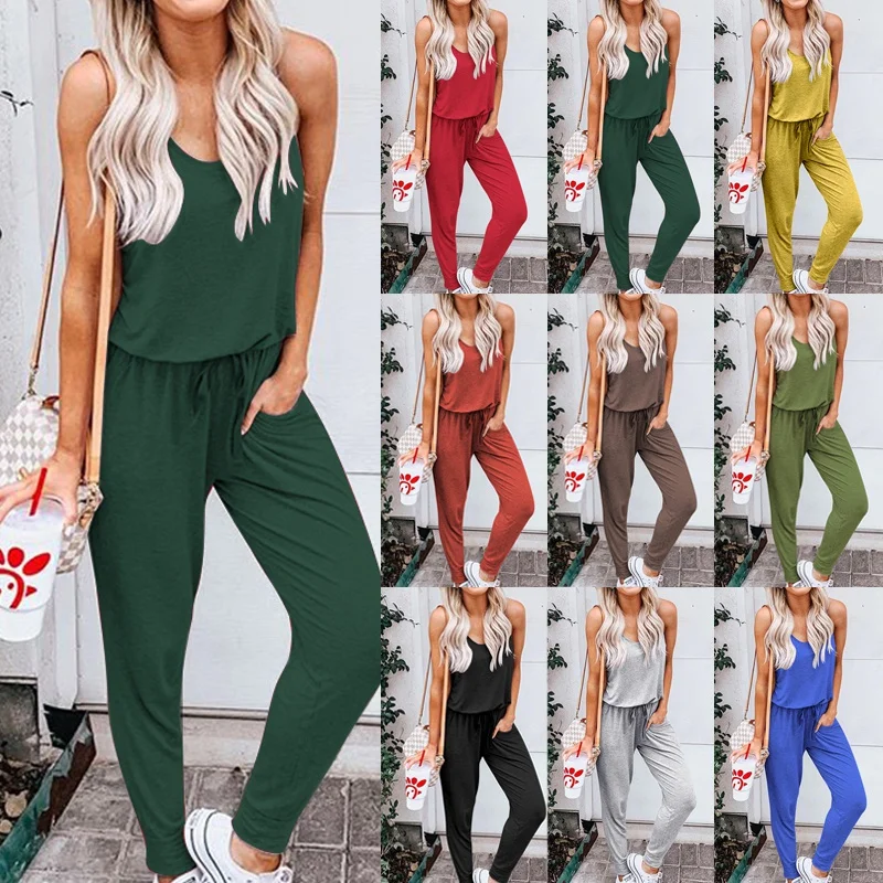 

Women Round Neck Sleeveless with Pockets Drawstring Waist Solid Casual Long Pants Jumpsuit