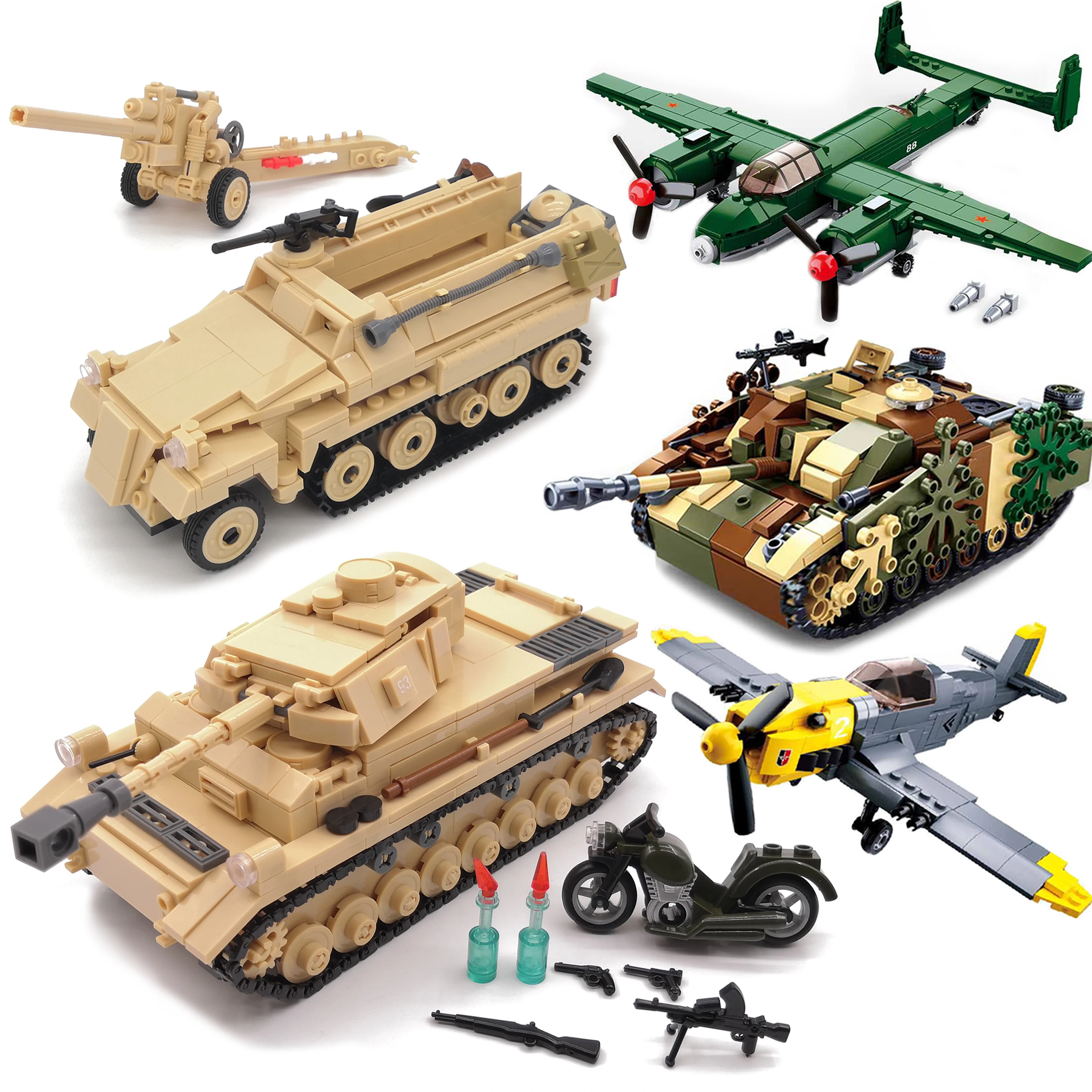 Military Vehicle Germany Panzer IV Tank SdKfz251 BF109 Fighter MOC WW2 Figure Weapon Model Building Block Brick Children Kid Toy