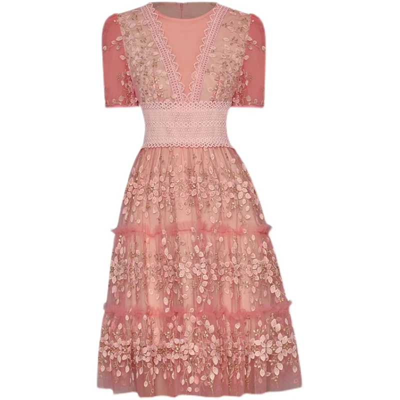 

Женское кружевное платье с вышивкой, дизайнерское модельное платье высокого качества с круглым вырезом и коротким рукавом, кружевное платье из плотной сетки