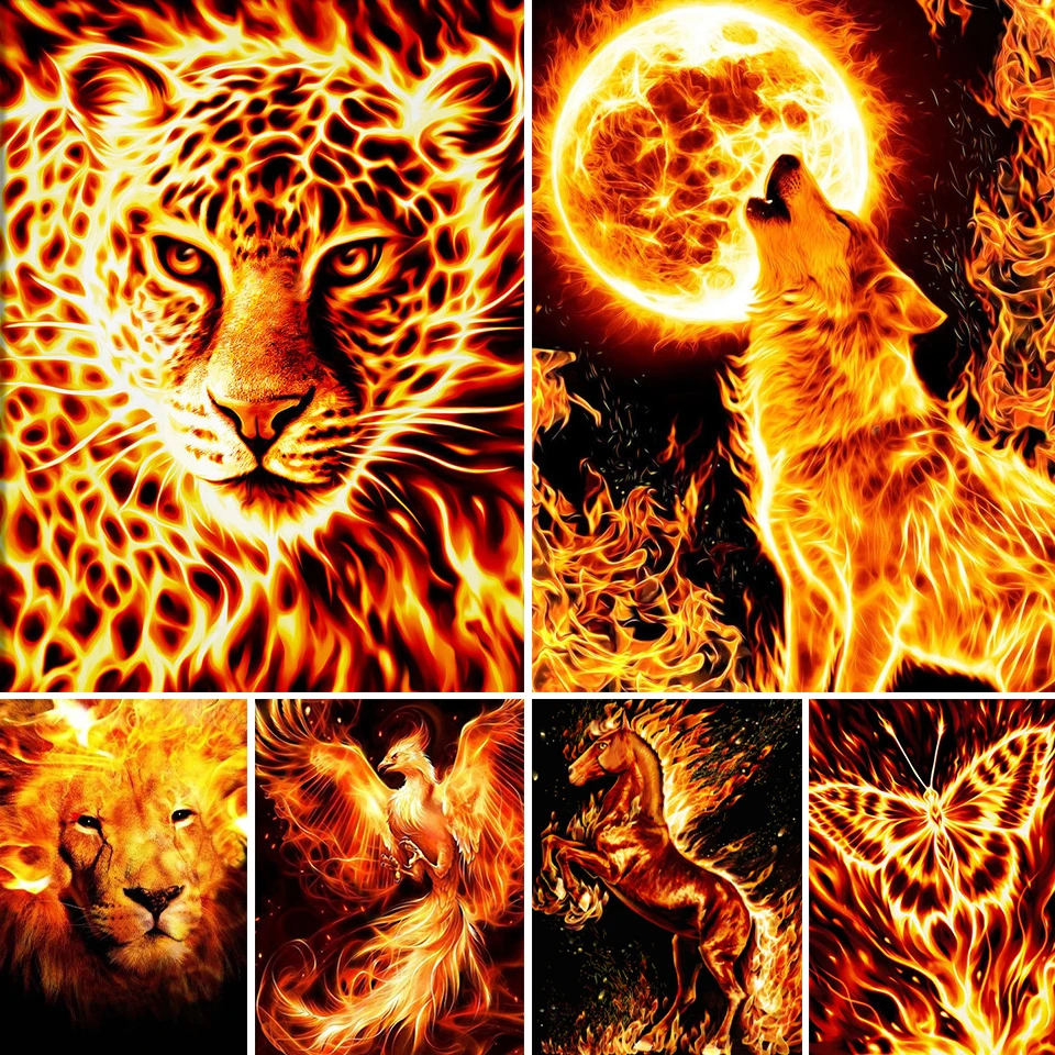 

Алмазная 5D картина «сделай сам», Набор для вышивки крестиком с изображением пламени, животных, Льва, волка, полная Алмазная мозаика, картина ...