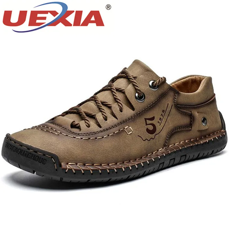 UEXIA Handmade Leather Mens Shoes Casual Luxury Brand Loafers Fashion Breathable Driving Slip on Moccasins Male Flats Footwear | Обувь