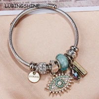 wmen girl stainless steel evil eye crystal bracelet adjustable rhinestone letter tag open cuff wire bangle diy jewelry