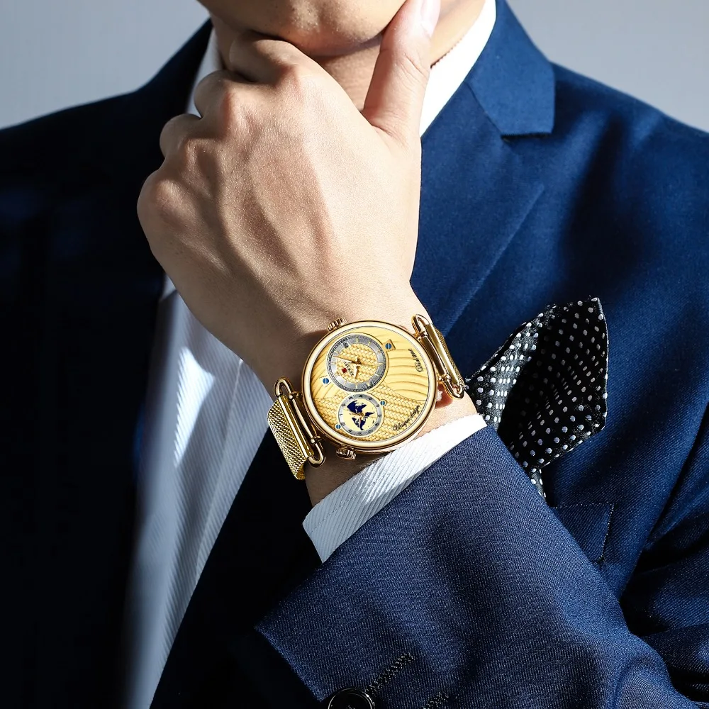 Награда часы Мужские лучший бренд класса люкс Dual Time Zone деловые водонепроницаемые