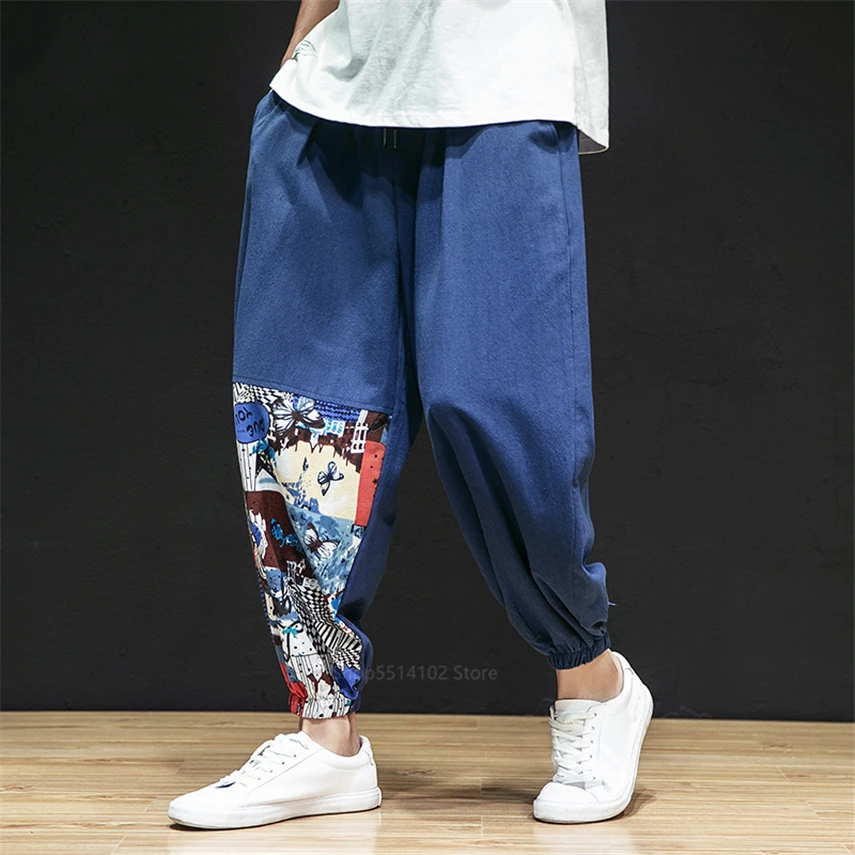 

Men Casual Japanese Style Harem Pants Harajuku Printed Plus Size Linen Wide Leg Trousers Loose Chinese Patchwork Pants For Male