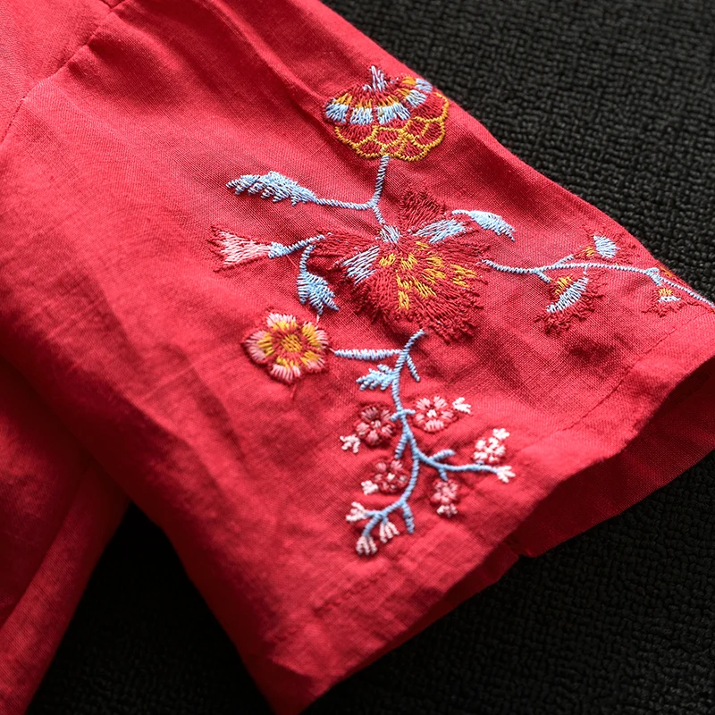 

Summer Casual Korean Woman Loose Green Yellow Red White Embridery Short Sleeve Linen Blouse Top Shirt , Shirts Tops for Women