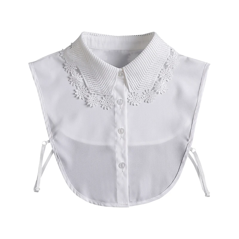

Women Spring White Shawl False Collar Hollow Out Striped Lapel Half Shirt Embroidery Daisy Flower Applique Dickey Blouse 35EF