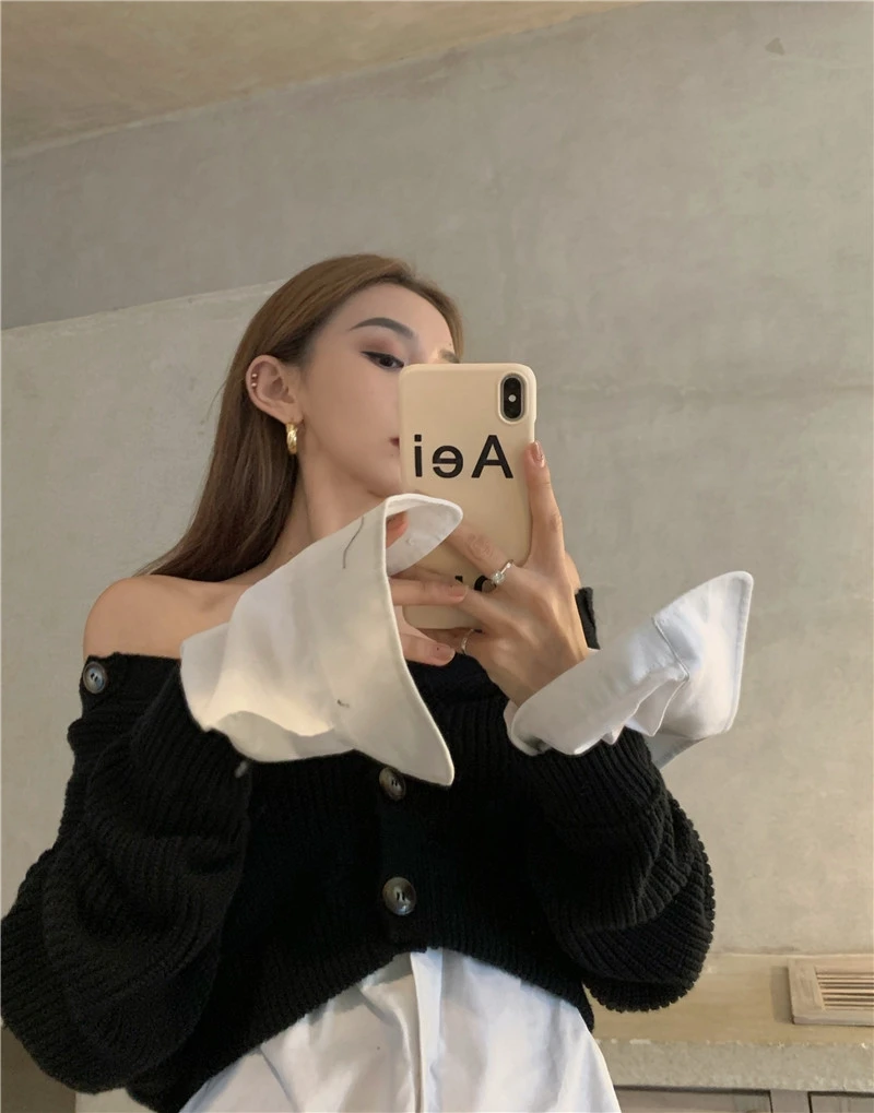 

Long sleeve stitching Knitted Top Women's autumn winter 2020 new foreign style red sweater cardigan Korean version loose
