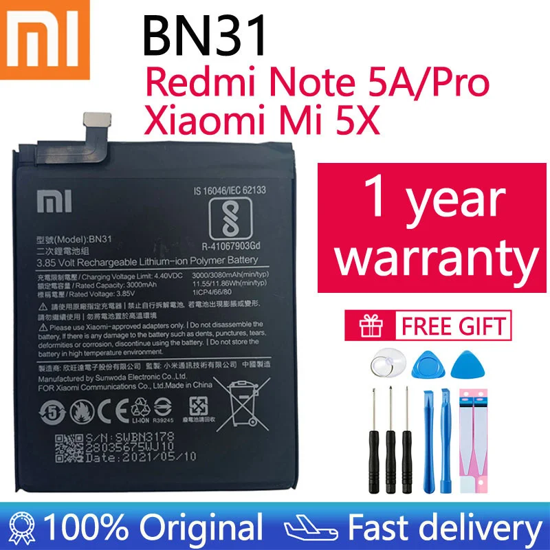 

Xiao mi 100% Orginal BN31 3080mAh Battery For Xiaomi Mi 5X Mi5X Redmi Note 5A / Pro Mi A1 Redmi Y1 Lite S2 BN31 Batteries +Tools
