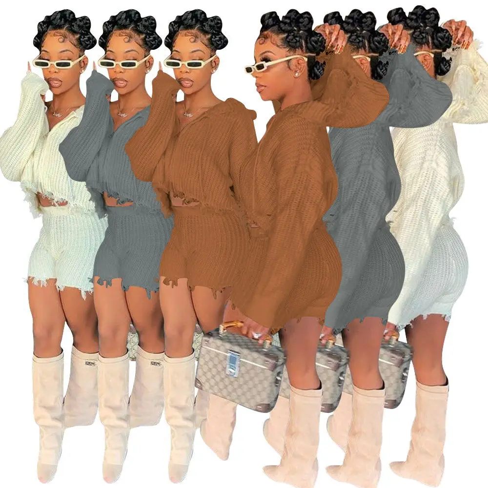 

Женский свитер с капюшоном и длинными рукавами, свитер на молнии и повседневные шорты, осень 2021