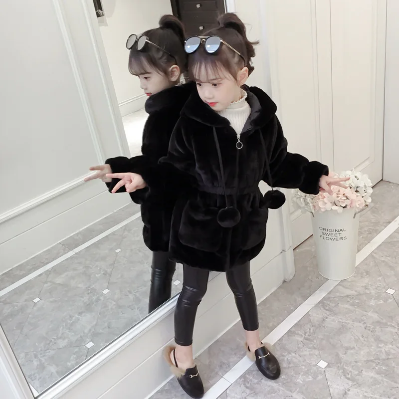 Пальто с мехом для девочек зимнее утепленное пальто кроличьими ушками новая