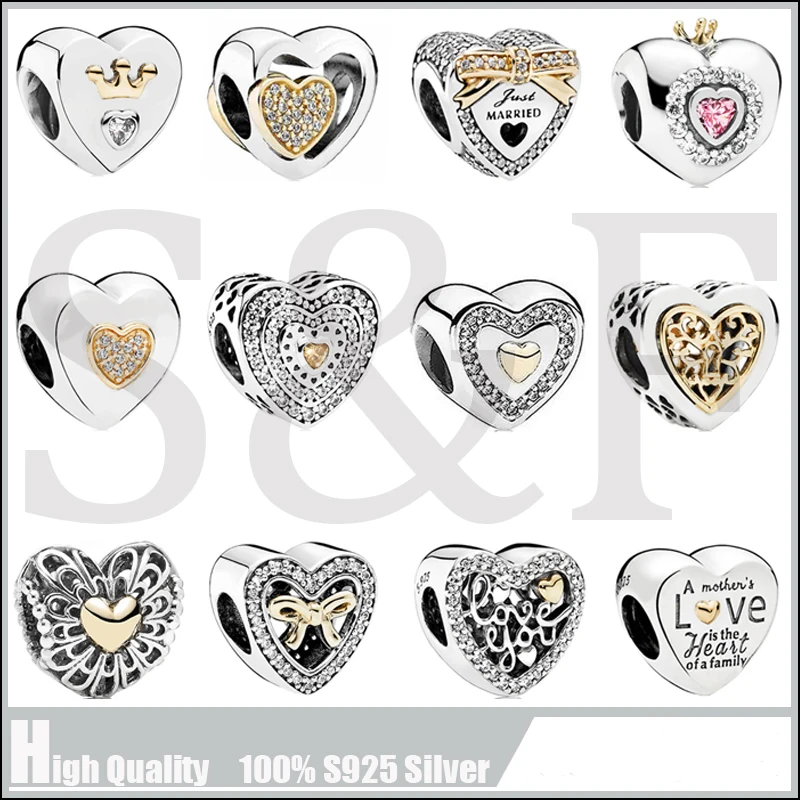 

S925 Sterling Silver two tone wedding just married heart bead Charms Fits European Original Charm Bracelets DIY Jewelry Making