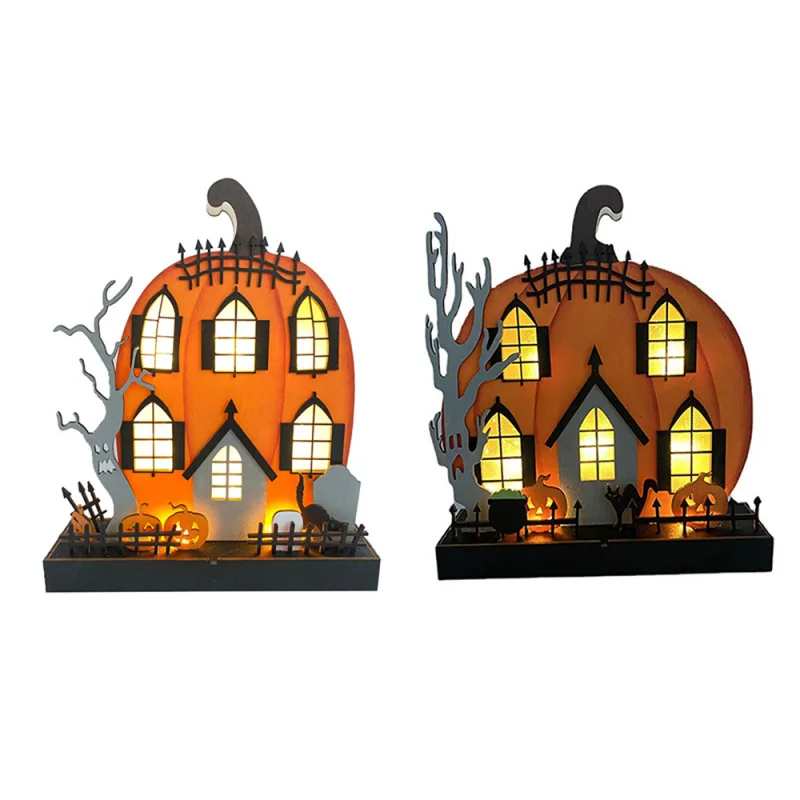 

1PC Luminous House Decoration Pumpkin Castle Pattern Wooden Ornament DIY Home Party Holiday Supplies