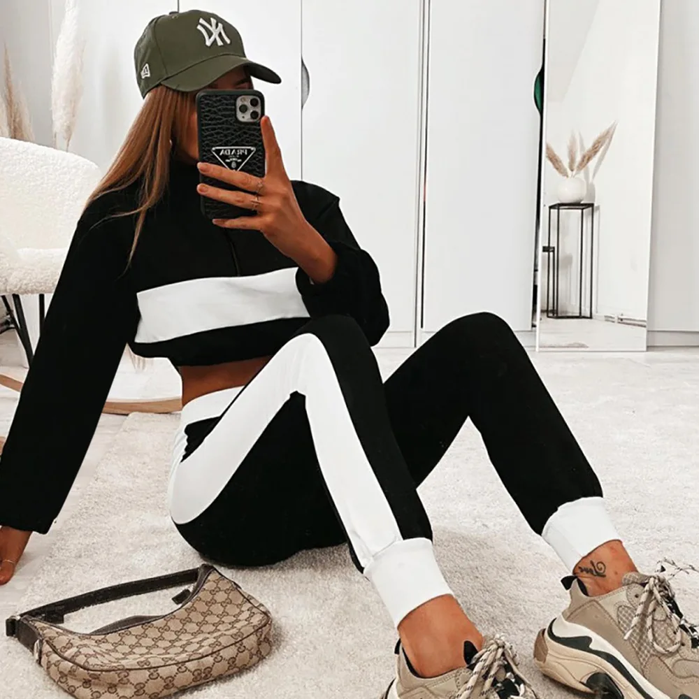 

DiiWii Woman Casual Fashion Sport Suit Womens Stand Up Collar Zipper Jacket Collared Stitching Trousers Two Piece Set