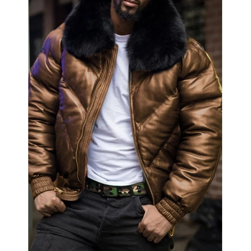 

Man Winter Jacket PU Big Fur Collar Plus Size Zipper Long Sleeve Solid Casual Fashion Men Clothing Lugentolo